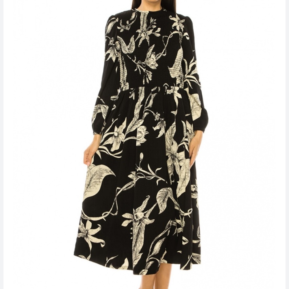Black floral smocked print midi maxi dress